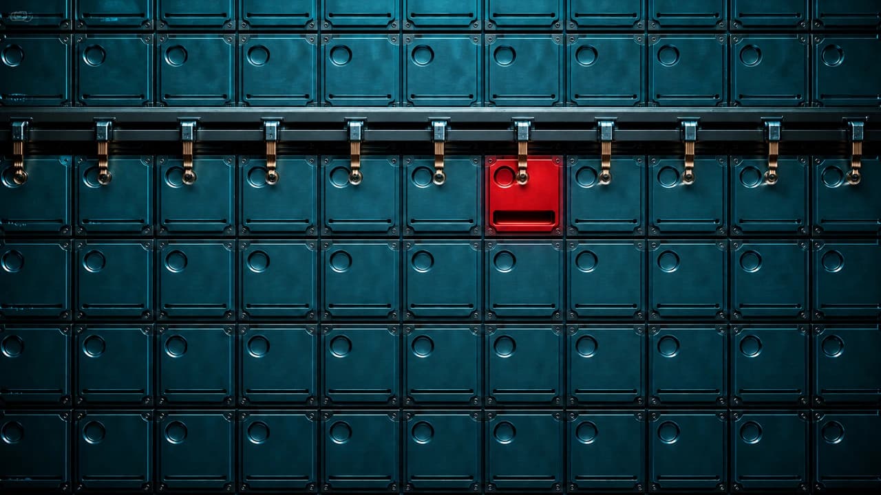 A dense dark wall of racked teal authorization plates, each stamped with an identical blank seal in its upper corner and a shallow value channel along its lower edge, crossed by a rigid reader bar whose contact fingers touch only the seal corners; one plate glows red with a matching seal and a value channel cut into a deep trench the reader never reaches.