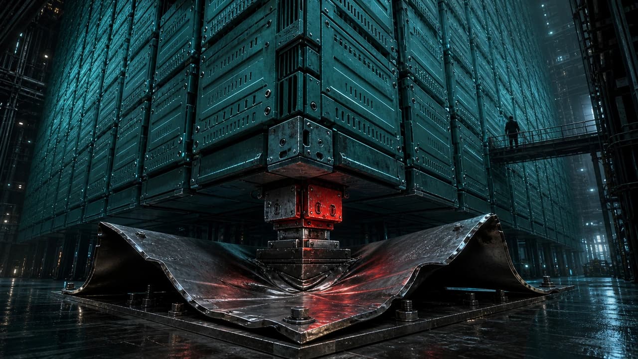 A vast teal wall of stacked machined deposit cells resting on a single small red counterweight whose steel base plate is buckling under the load