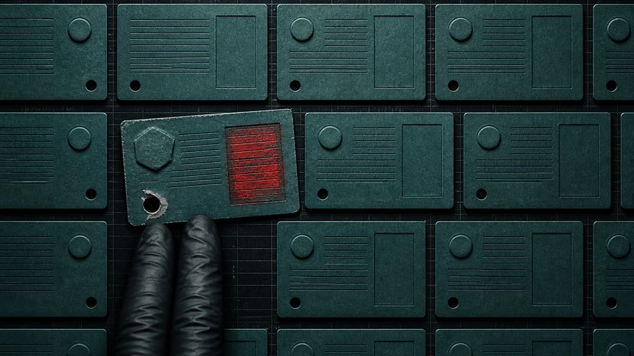 Dark top-down illustration of a records table packed edge to edge with identical teal registration cards, one card near the centre set back rotated with a red re-struck stamp panel and an off-centre re-punched hole, a gloved hand entering at the bottom edge