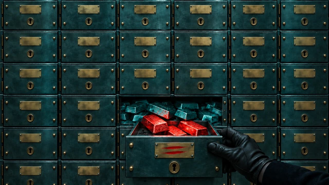 A near-black wall of teal safe-deposit drawers; one drawer is pulled open by a gloved hand and has no back panel, so teal ingots from the shared cavity behind the wall tip into it, glowing red