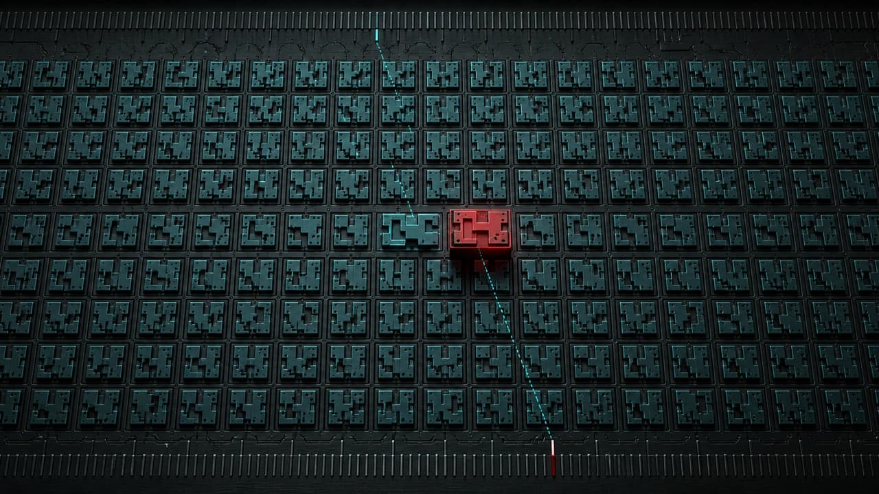 Dark abstract illustration of a dense teal machined register plate whose rows of milled cells are indexed from two opposite edges, with one cell duplicated in a single row and its second copy raised and lit red