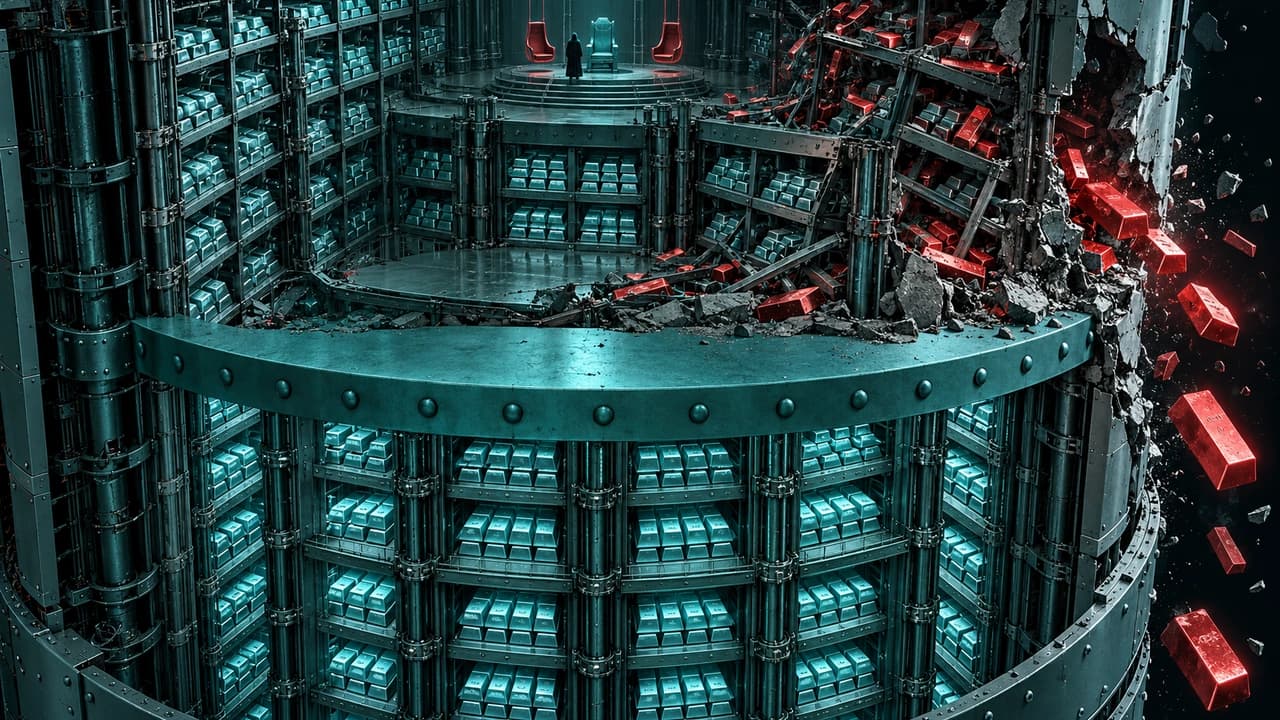 Cutaway of a tall treasury vault: two of three council seats are hollow red shells on cables, the top rack of teal ingots spills out a breach, and a riveted bulkhead halfway down keeps every rack below it full.