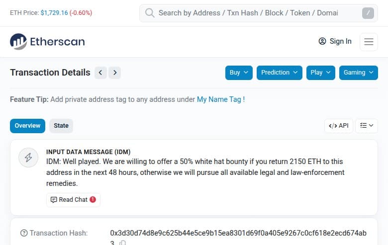 On-chain bounty message from jaredfromsubway.eth to the attacker, embedded in the transaction's Input Data Message field on Etherscan